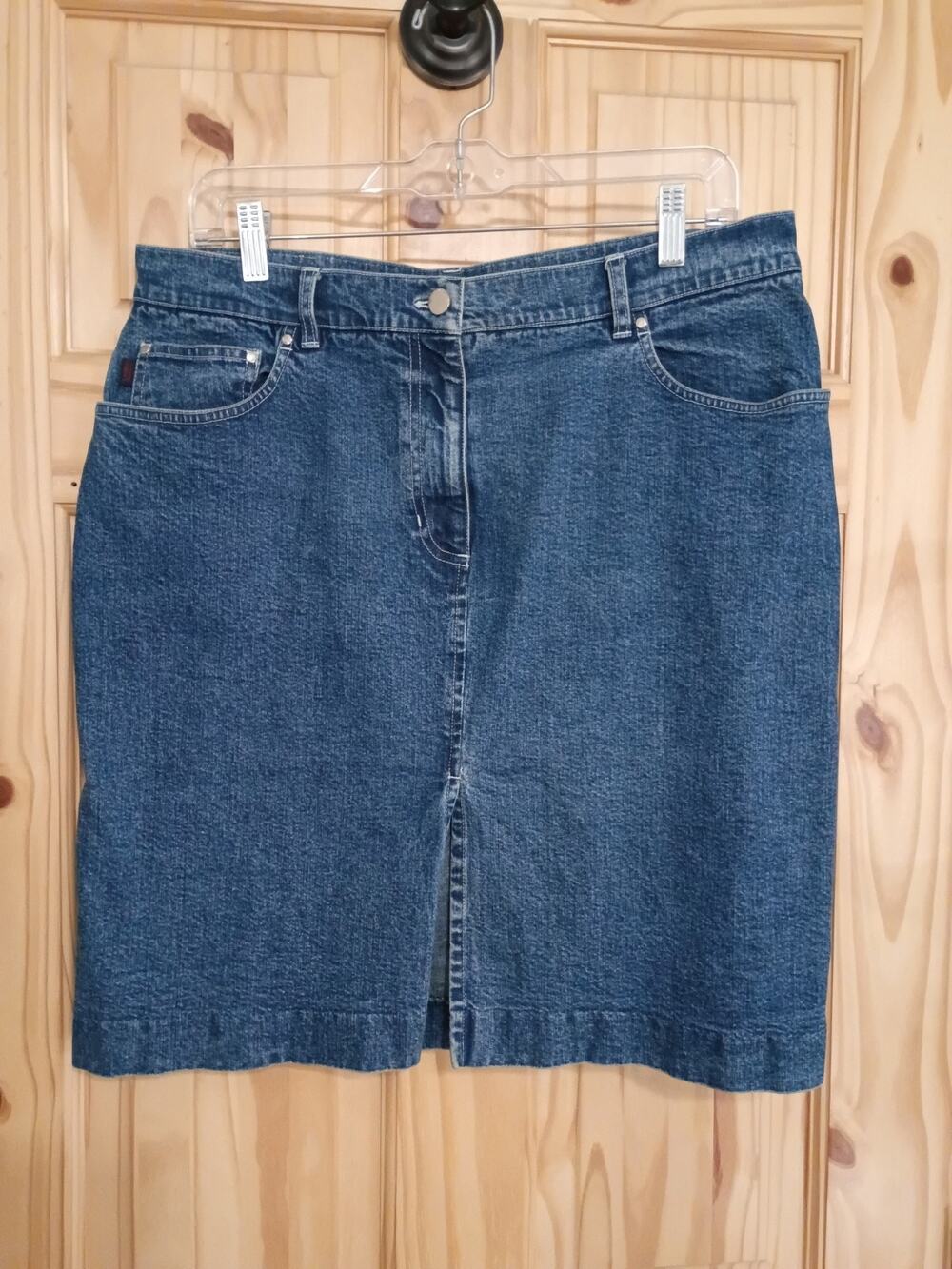 Ralph Lauren Women Blue Denim Knee Skirt Sz 14 Front Slit Green Tag READ